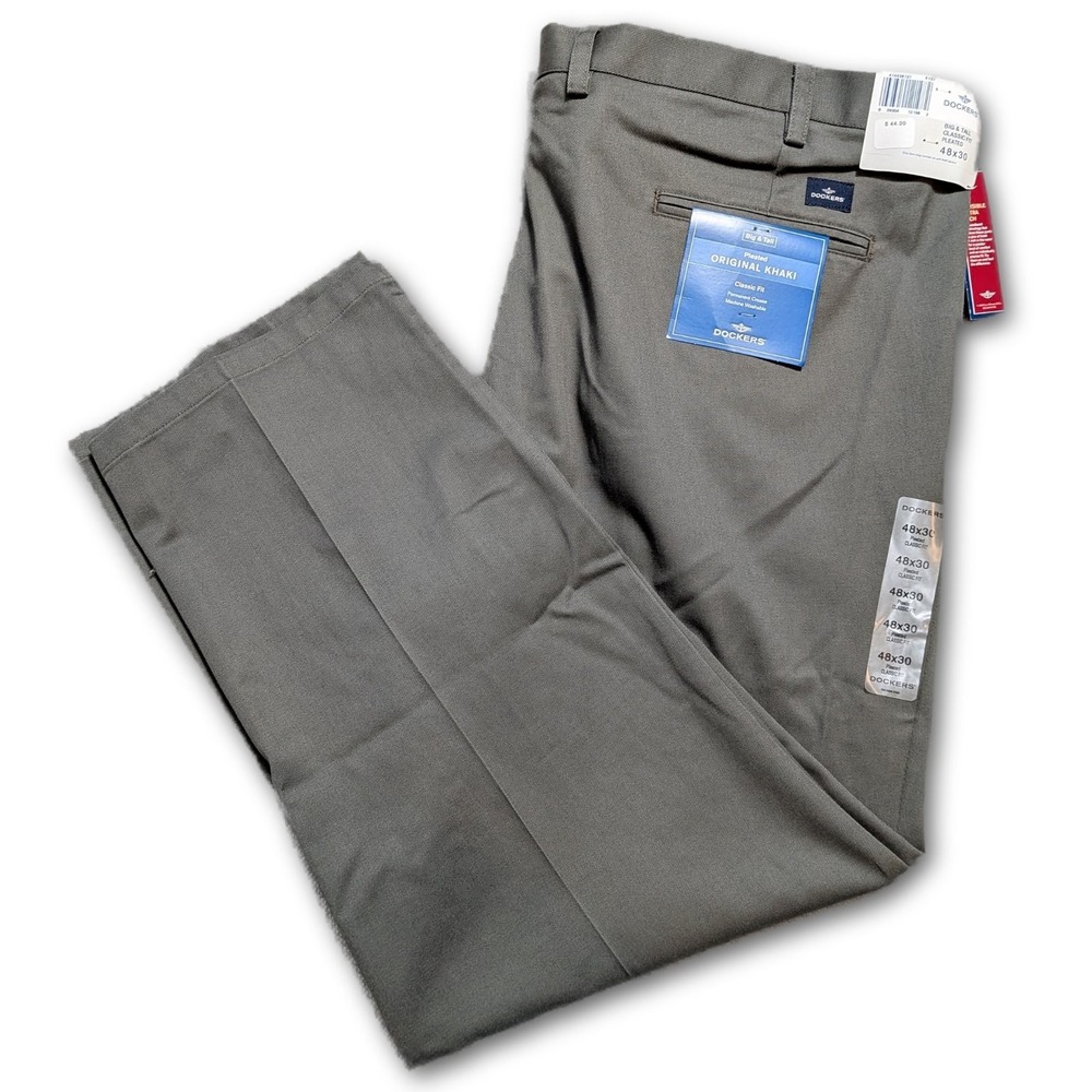 Dockers Original Khaki Mens 48x30 Pants Taupe Big & Tall Classic Fit 100% Cotton